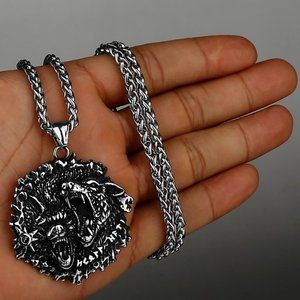 ❤️Wolf Head Runes Stainless Steel Unisex Pendant Necklace, GP1231300